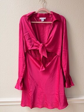 Spring + Mercer Hot Pink Satin Mini Dress Tie Front Party Brunch Barbiecore S